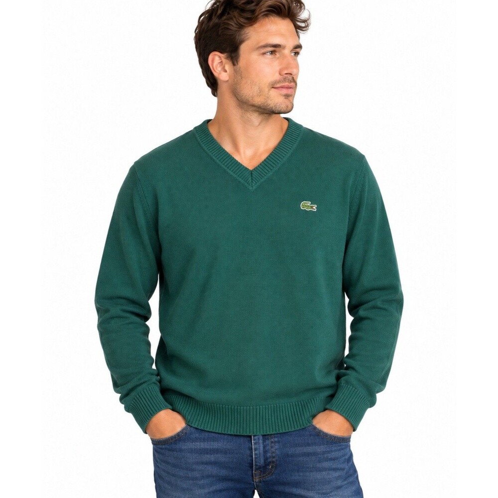 Lacoste Men’s Size 4 Green V-Neck Sweater Long Sleeve Crocodile Logo Pullover